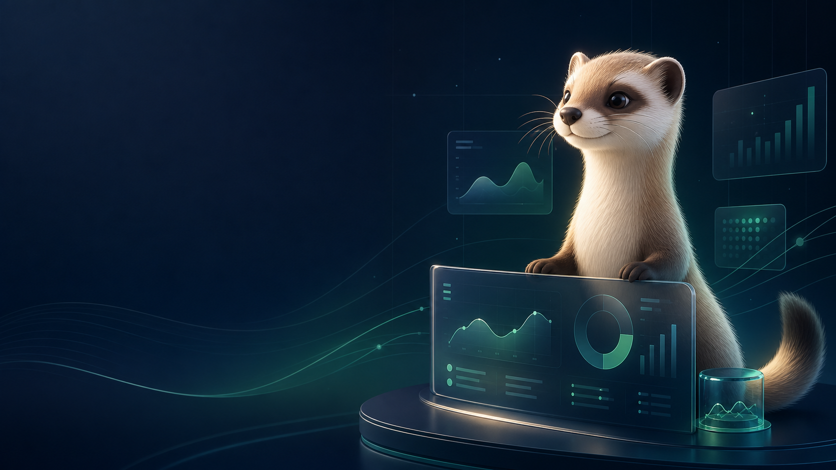 A stylized stoat beside a private analytics interface